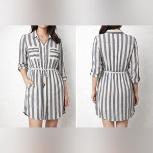 Striped Shirt Dress Drawstring Waist Long Sleeve Size L Casual